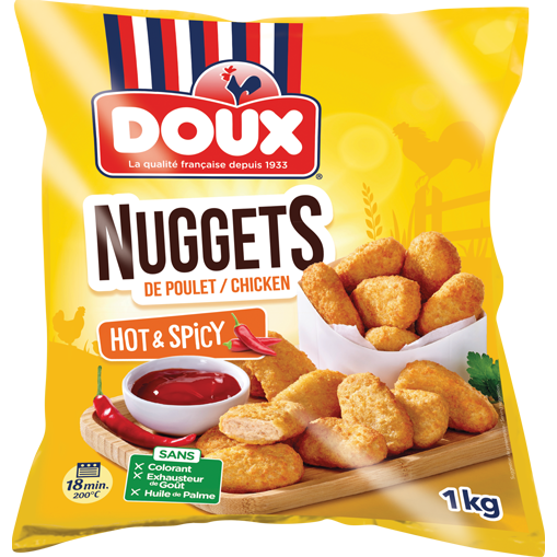 Nuggets de poulet pimentés Doux, avec une sauce ketchup et un piment rouge